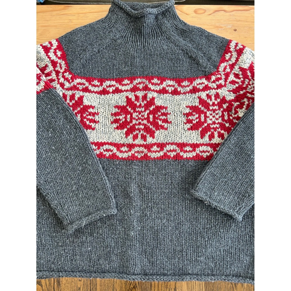 J. Crew Handknit 100% Lambswool Nordic Fair Isle Sweater Grey Red Women L Hygge